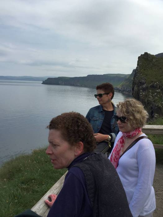 Pat Taylor (Marist), Tiffany Kershner (NC State), and LuAnn Saunders-Kanaby (Connecticut) watching the bridge-crossers at Carrick-A-Rede, Northern Ireland